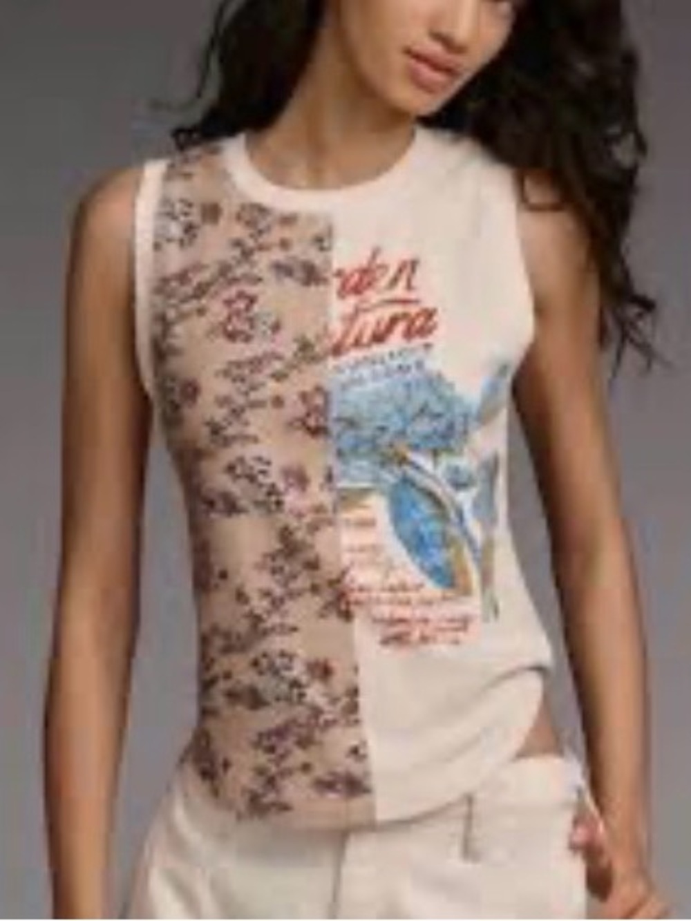 Pilcro Split Floral & Botanical Graphic Tank - Beige, Cream, Blue - Picture 5 of 5